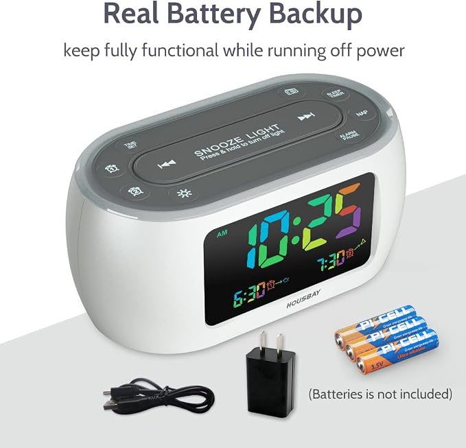 HOUSBAY Glow Small Colorful Alarm Clock Radio with Rainbow Digit, 7 Color Night Light with ON/Off Options, Dual Alarm, Dimmer, FM Radio with SleepTimer for Bedrooms