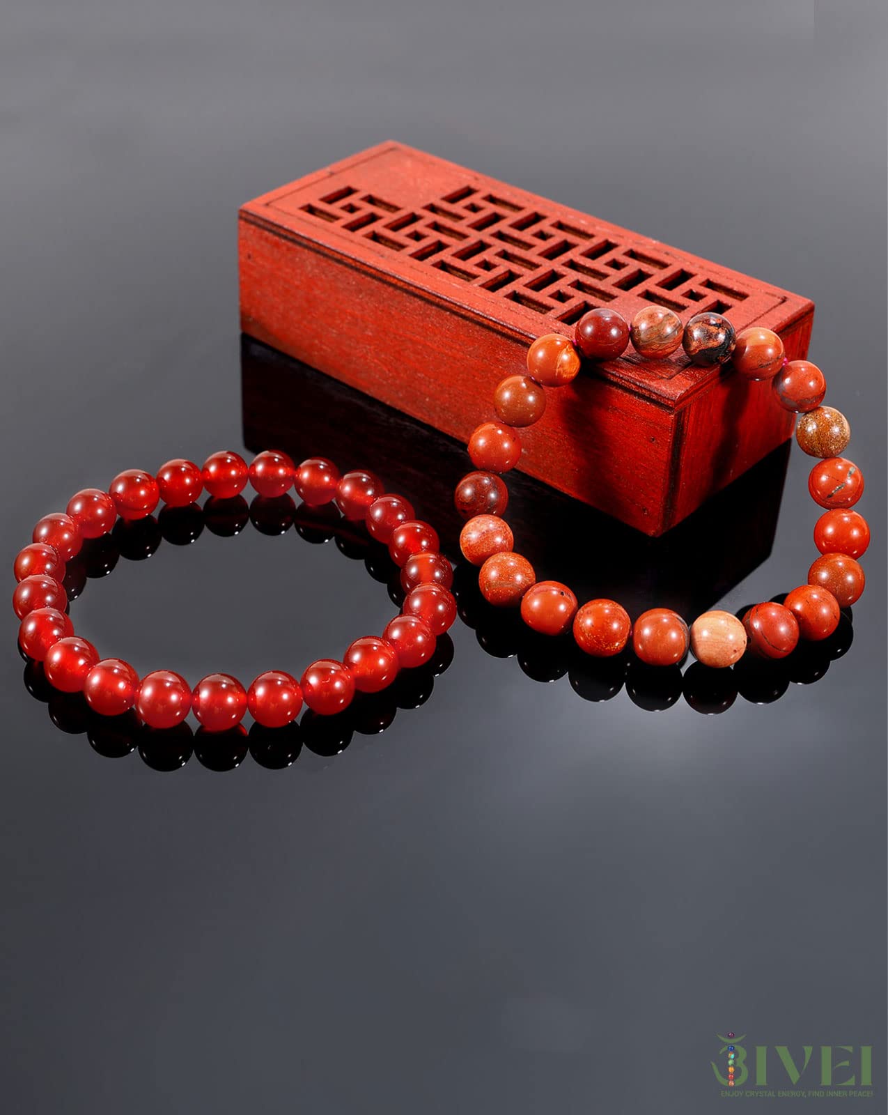 Bivei Natural Gemstone Semi Precious Crystals Handmade Stretchy Round Beads Bracelet, Enhance Positive Energy,Stocking Stuffers for Women(Red Agate & Red Jasper (Vitality) Medium)