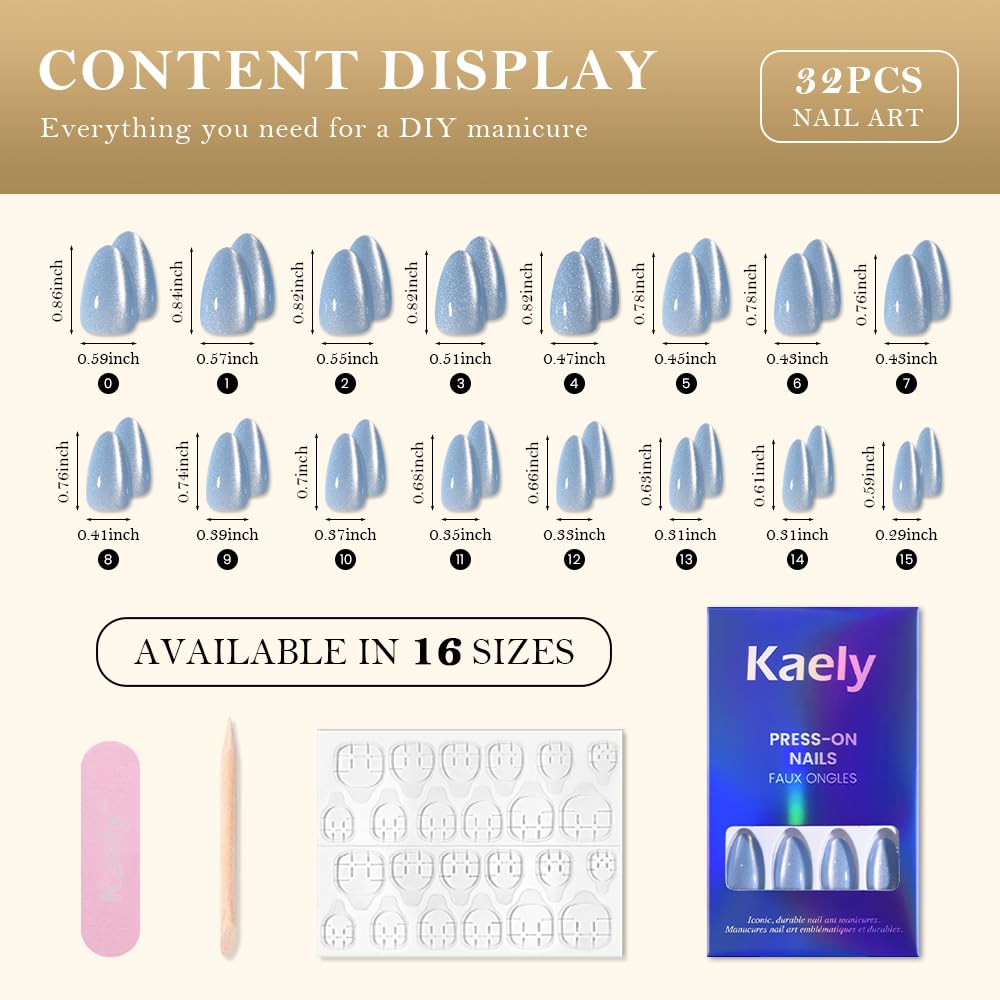 evpct Sky Blue Cat Eye Real Short Press on Nails Almond, Petite Short Almond Stick on Nails for Women Gift, Sky Blue Holographic Glossy Fake Nail Reusable, Soft Press on Acrylic Nail with Designs