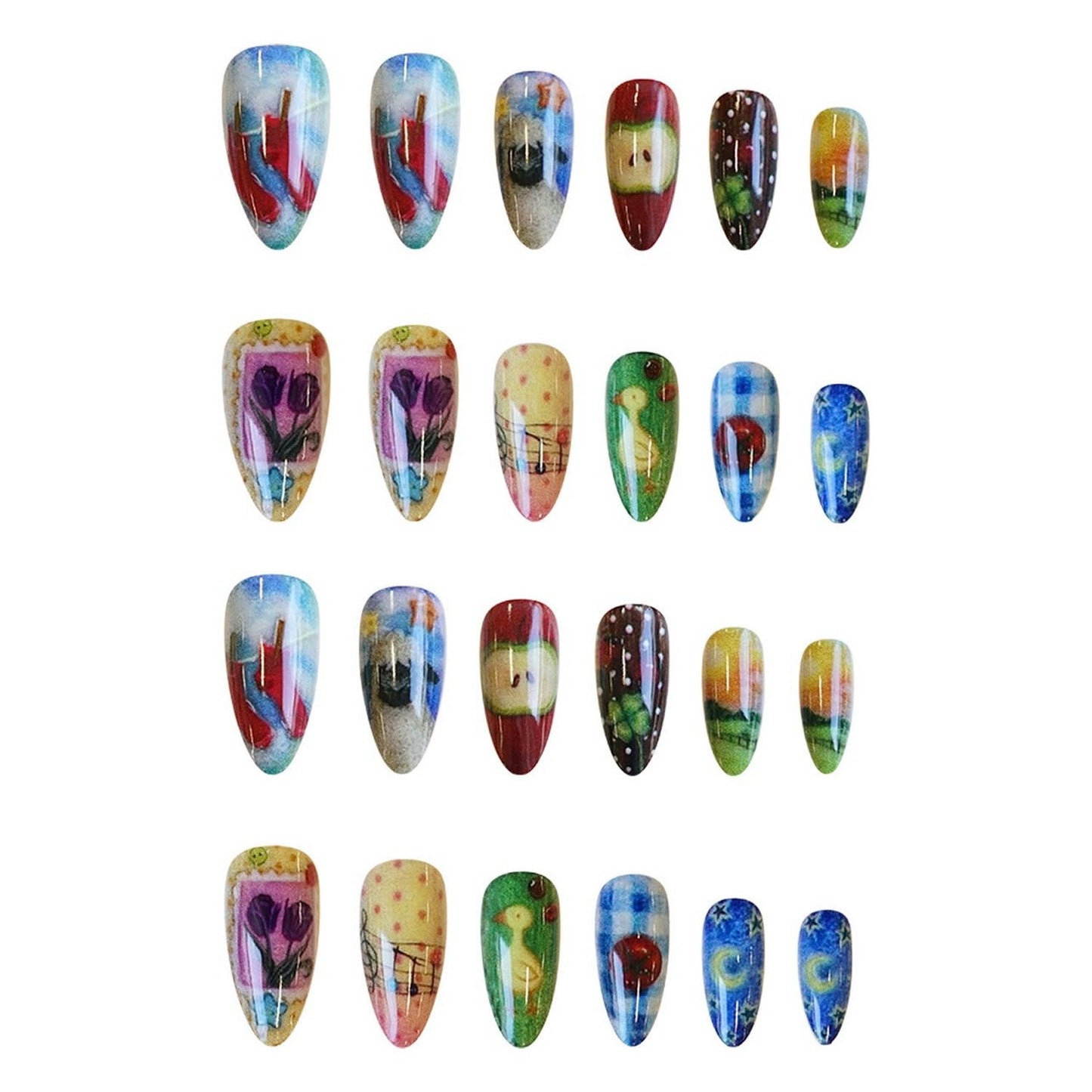 Press on Nails Medium Almond SWEKKE Fake Nails False Nails with Colored Pencil Drawing Designs Flower Duck Moon Glossy Glue on Nail Full Cover Acrylic Nail for Women Girls 24Pcs