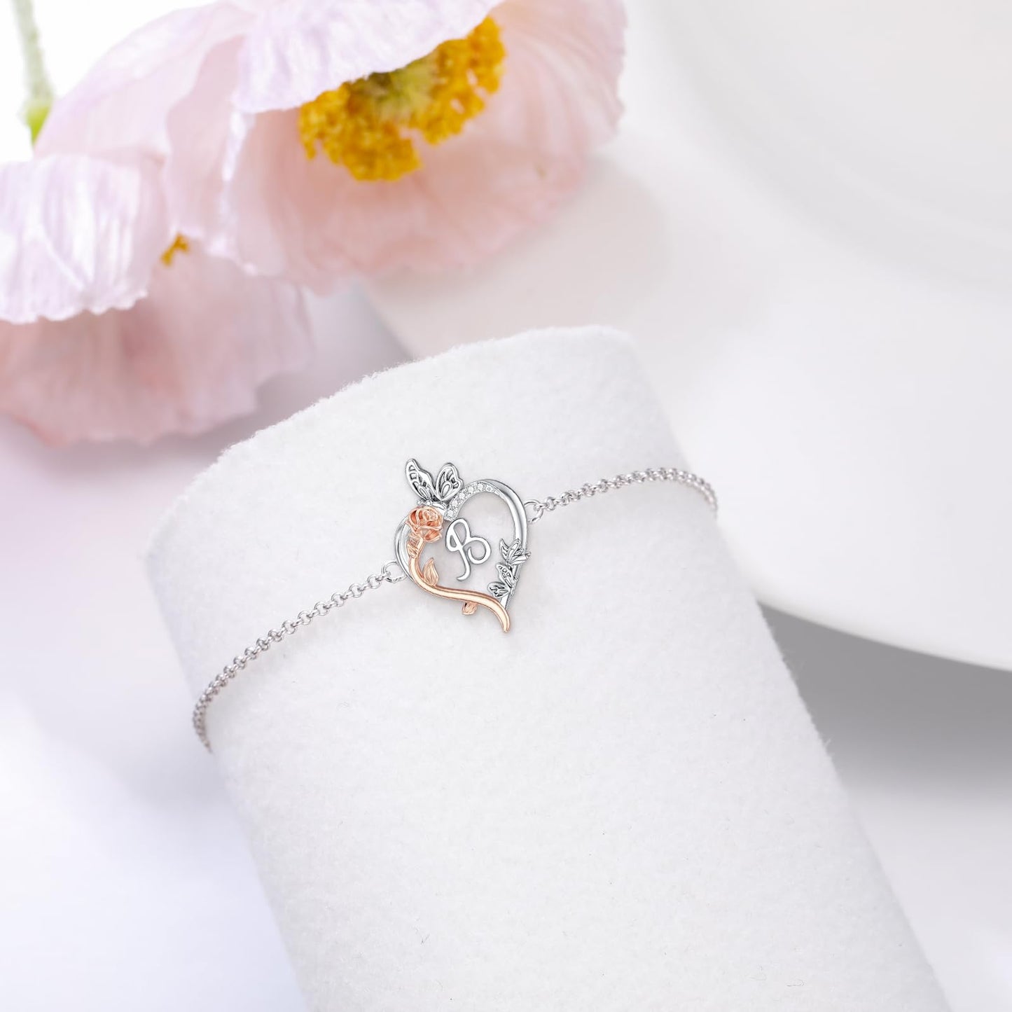 TOUPOP Rose Heart Bracelet for Women Sterling Silver Heart Initial B Letter Bracelet Butterfly Love Jewelry Anniversary Birthday Mothers Day Gifts for Mom Wife Her Girlfriend