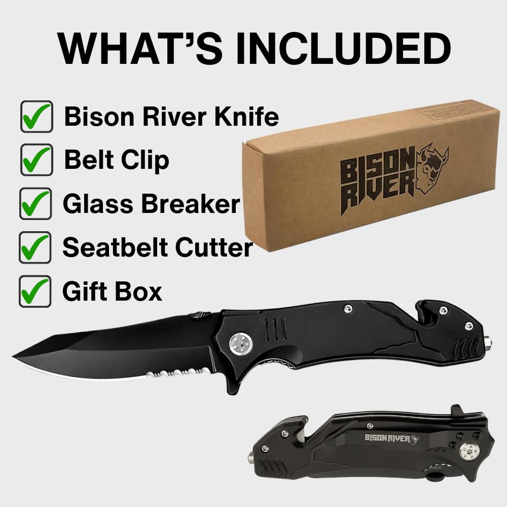 Black Firefighter Rescue Knife – Emergency Window Breaker, Seatbelt Cutter, Combo Edge Blade – Firefighter Tools & Firefighter Gifts for Men – Tactical Firefighter Knife with Belt Clip