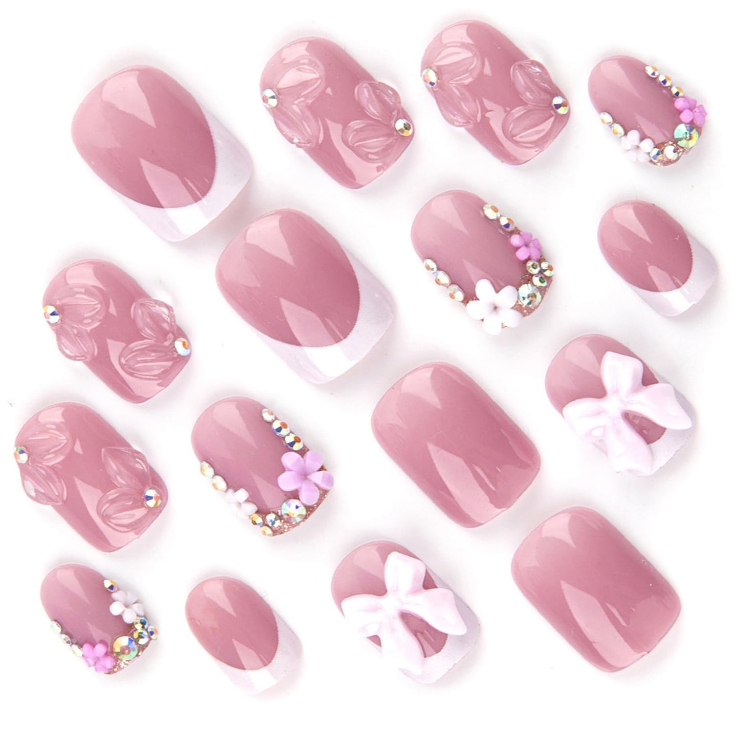 Pink Press On Nails Short Square Fake Nails With Bow Rhinestone Design French Nail Press Ons Embossed Bow Flower Acrylic Nails Glossy False Nail For Women