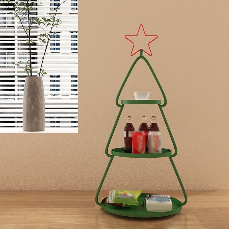 ZYFAB 3-Tier Christmas Tree Display Stand, Green Metal Serving Tower with Red Star Topper Decorative Storage Shelf for Drinks and Snacks,B