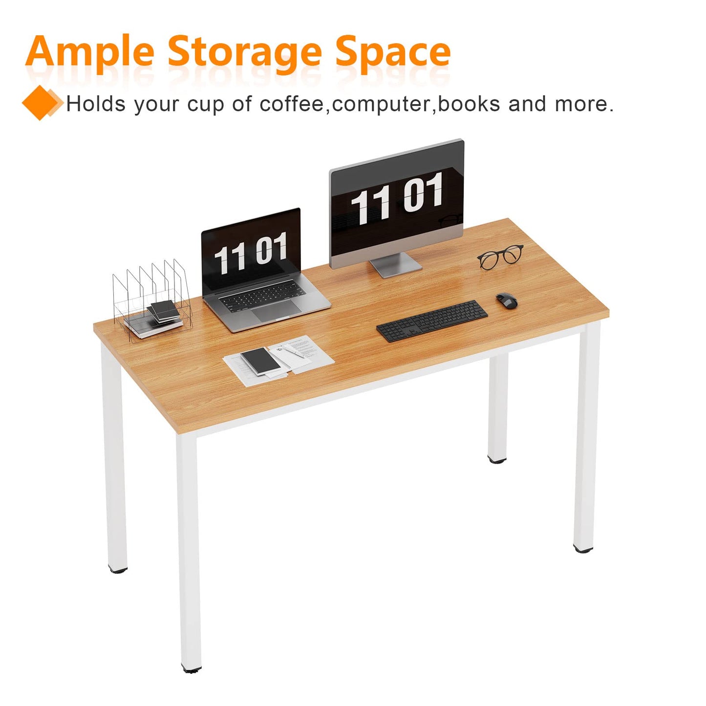 Need Computer Desk, 47 inch Home Office Desk, Modern Simple Style Home Office Gaming Desk, Basic Writing Table for Study Student, White Metal Frame, Teak Tabletop