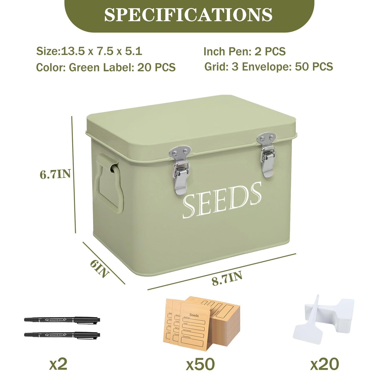 Ecopark Seed Storage Box, Professional All-in-one Kit with 2 Pens, 20 Plant Labels and 50 Seed Envelopes, Metal Storage Organizer, Saving Box, Seed Packet Container, Green
