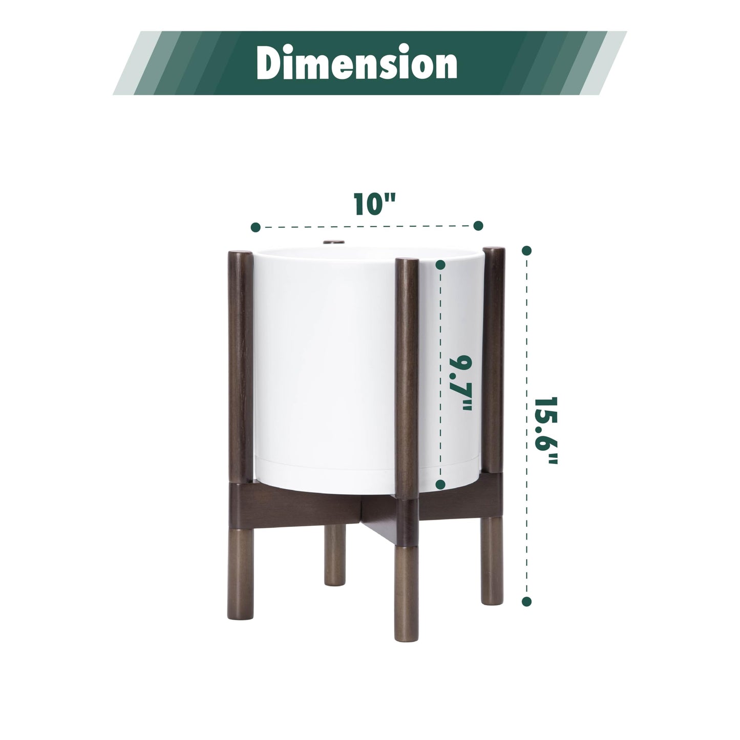 D'vine Dev Planter Pot with Stand - 10 Inch Plastic Cylinder Flower Pot with Wood Planter Holder for Indoor, Matte White Pot + Walnut Color Stand, 55-C-L-1