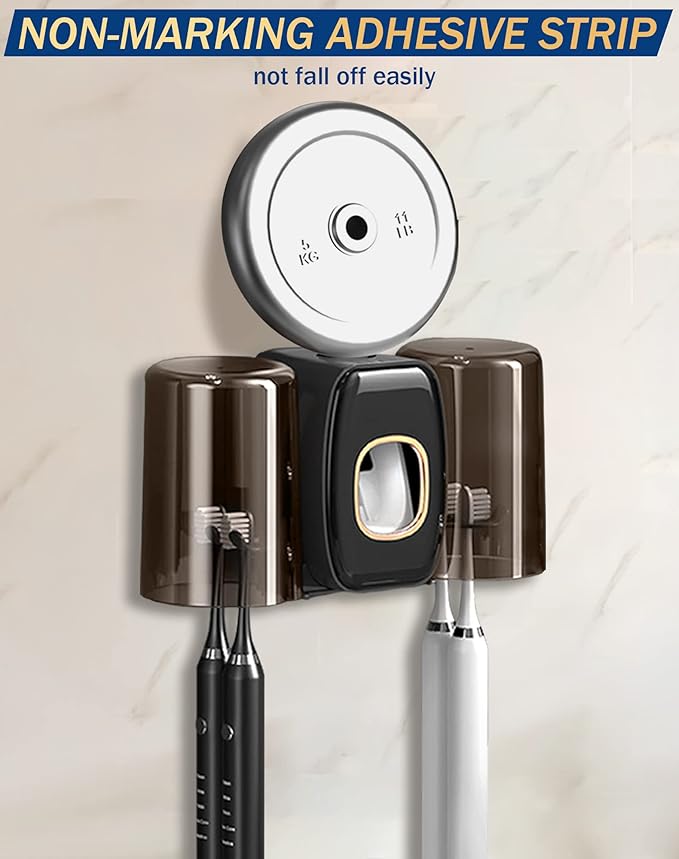 Toothpaste Dispenser Wall Mount with Toothbrush Holder, WAYCOM AutomaticToothpaste Squeezer 2 Cups Toothbrush Holder for Bathroom Accessories Tooth Brushing Holder Organizer and Storage