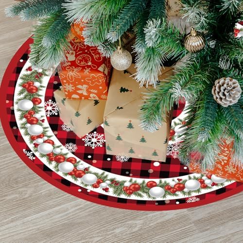 Holiday Christmas Tree Skirt, 48 inch Crimson and Black Checkered Christmas Tree Cover, Essential Decoration for Winter Celebrations Both Indoors and Outdoors