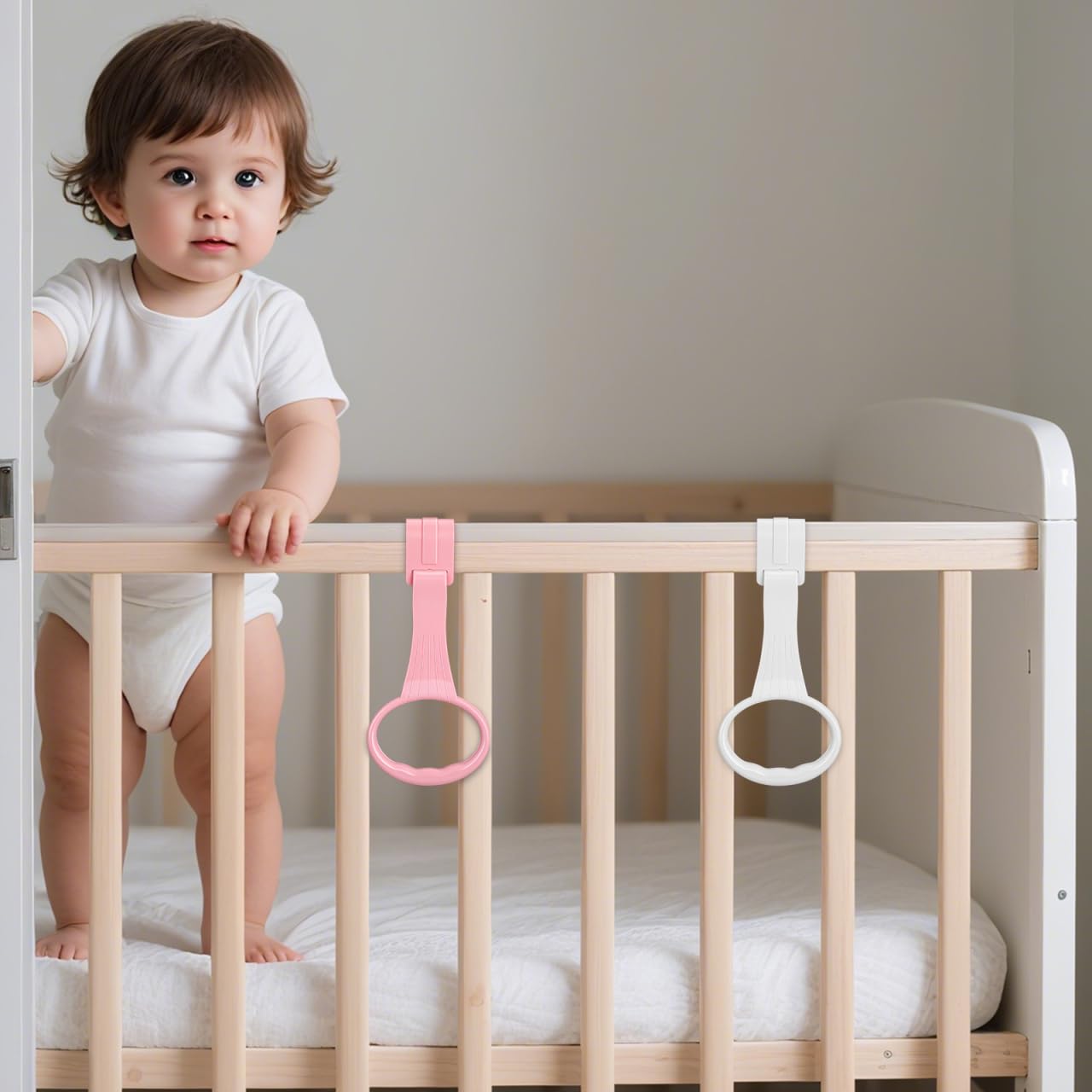 JECOMPRIS Pull up Rings 4 Pcs Set Toddler Handle Rings for Crib and Infant Walking Assistant Stand up Training Toy