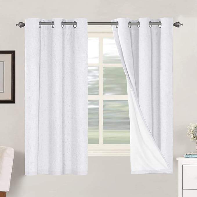H.VERSAILTEX 100% Blackout Curtains for Bedroom Thermal Insulated Linen Textured Curtains Heat and Full Light Blocking Drapes Living Room Curtains 2 Panel Sets, 42x63 - Inch, Pure White
