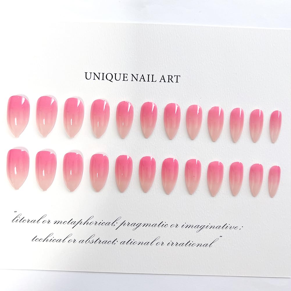 RUPOFUZA Almond Press on Nails - 24pcs Ombre Pink White Fake False Nails with Gloss Designs Acrylic Nail Press ons Artificial Stick on Nail for Women