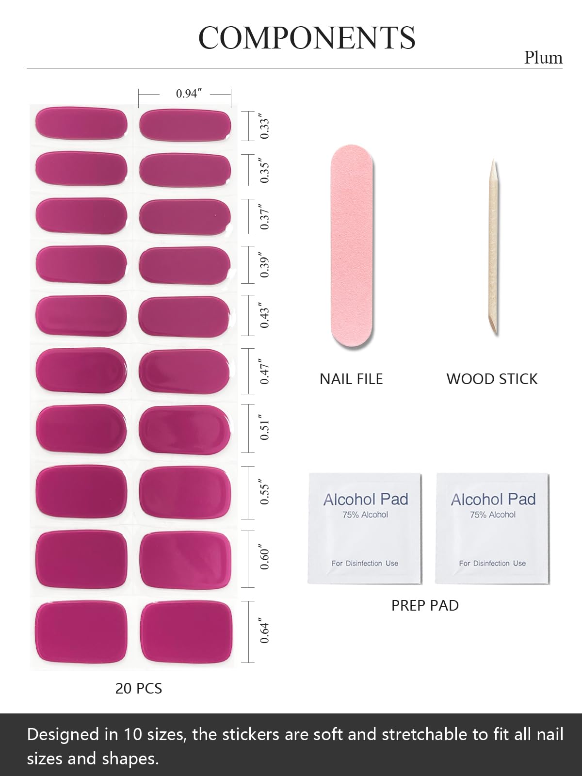 AutyaMee Semi Cured Gel Nail Strips (Plum), Purple Red, 20 Pcs Gel Nail Wraps, Stickers, UV Light Required, Salon Quality, Long Lasting