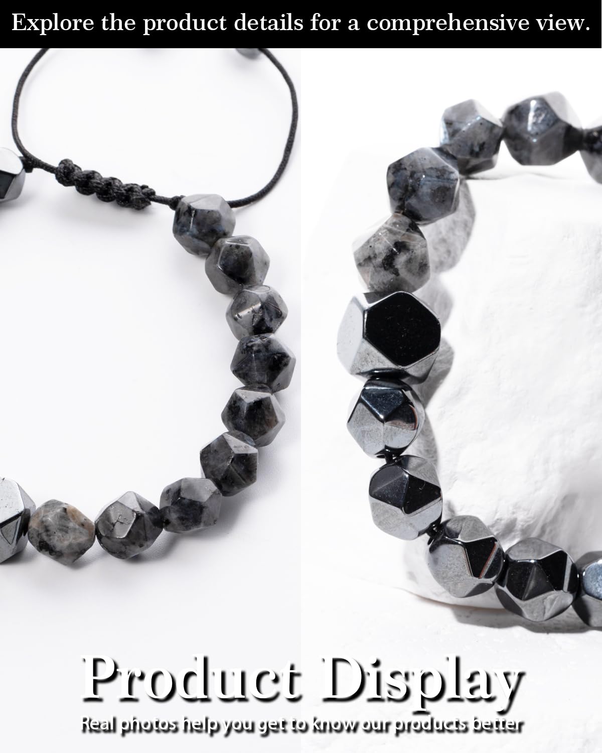 Beaded Bracelet for Men, 10mm Natural Stones Bracelet for Men's Gift, Adjustable Precision-Cut Gemstone Crystal Healing Bracelet, Protection Jewelry Gift with Hematite, Tiger Eye (Black Labradorite & Hematite)