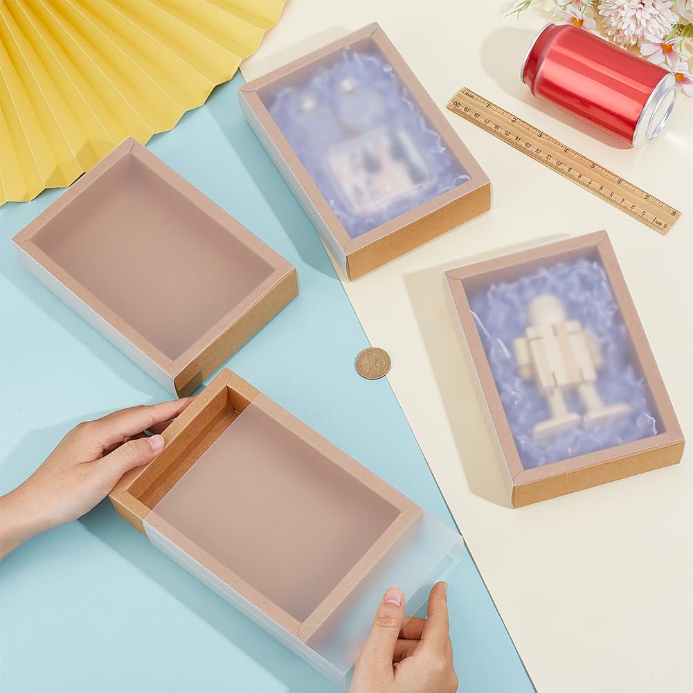 BENECREAT 30 Set Brown Kraft Drawer Gift Box, Paper Storage Organizers with Translucent Plastic Sliding Lid for Wedding Favors, DIY Crafts, Small Item Display, 7.17x5.12x1.8inch