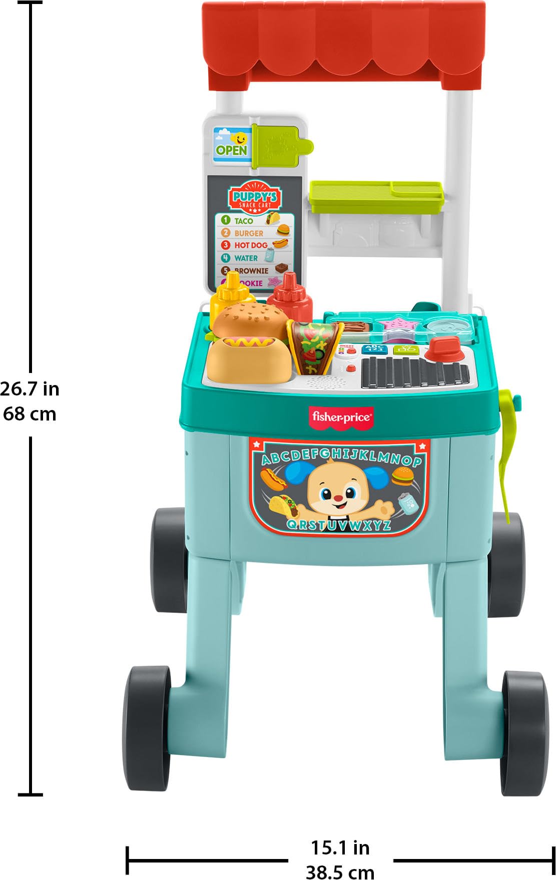 Fisher-Price Baby Push Toy 4-in-1 Snack Cart Walker Learning Activity, 14 Pieces for Pretend Play Infants Ages 6+ Months, Multilanguage Version