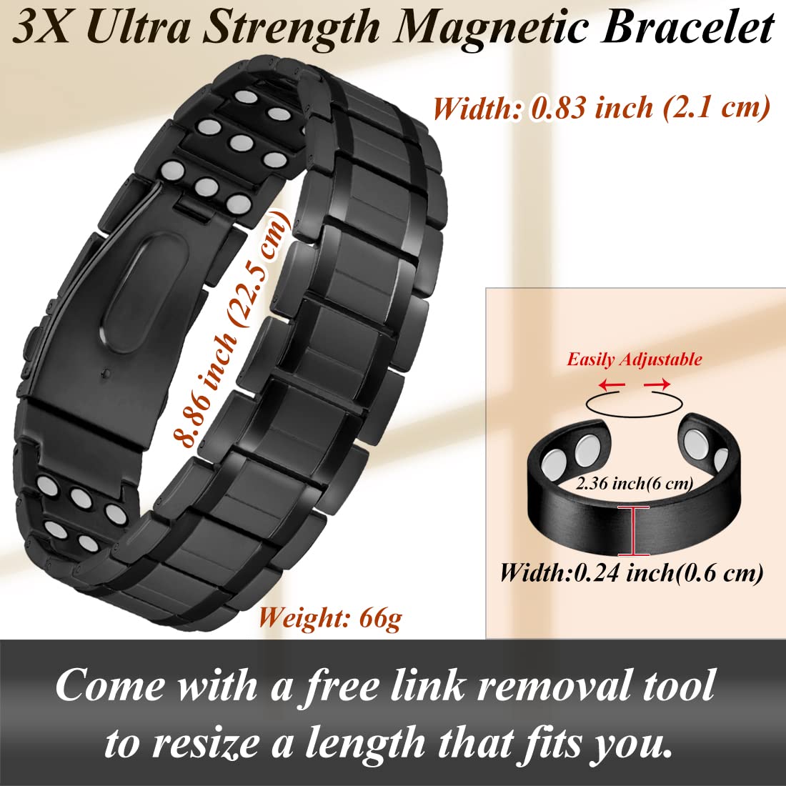Cigmag 3X Magnetic Bracelets for Men Ultra Strength Magnets Upgrade Folding Clasp Titanium Bracelet & Copper Ring Adjustable with Sizing Tool (Black)