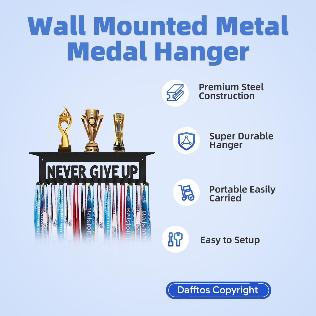 Dafftos Medal Trophy Shelf Hanger Display with Hooks for Medals Race Ribbon Holder Organizer Award Bib Rack Hanging Storage Award Holders Metal Never Give UP