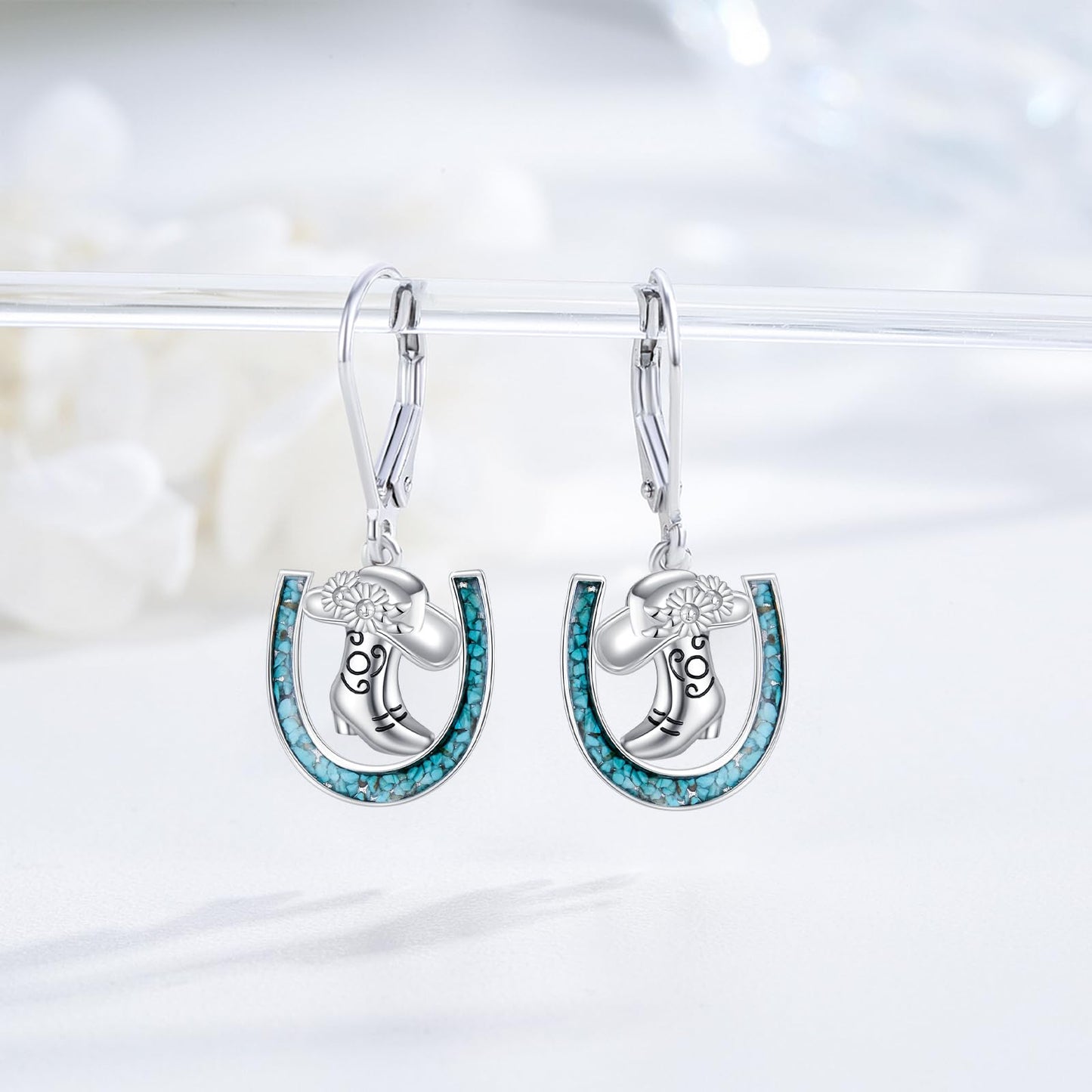YYmqmq Cowboy Boot Earrings 925 Sterling Silver Turquoise Horseshoe Dangle Earrings Laverback Western Jewelry Christmas Gifts for Women Cowgirl