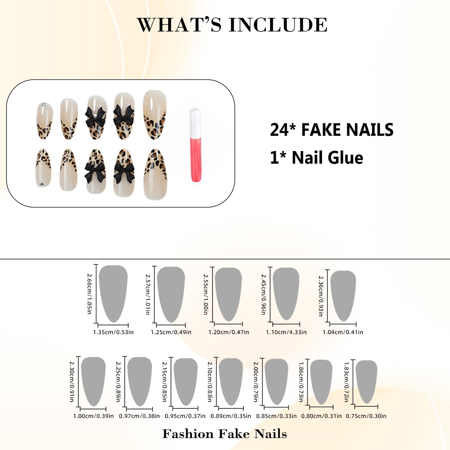 IMRAIN Medium Almond Press on Nails Leopard Print French Tips Fake Nails with 3D Black Bow Charm Design Brown Glossy Glue on False Nails Full Cover Stick on Nails 24Pcs