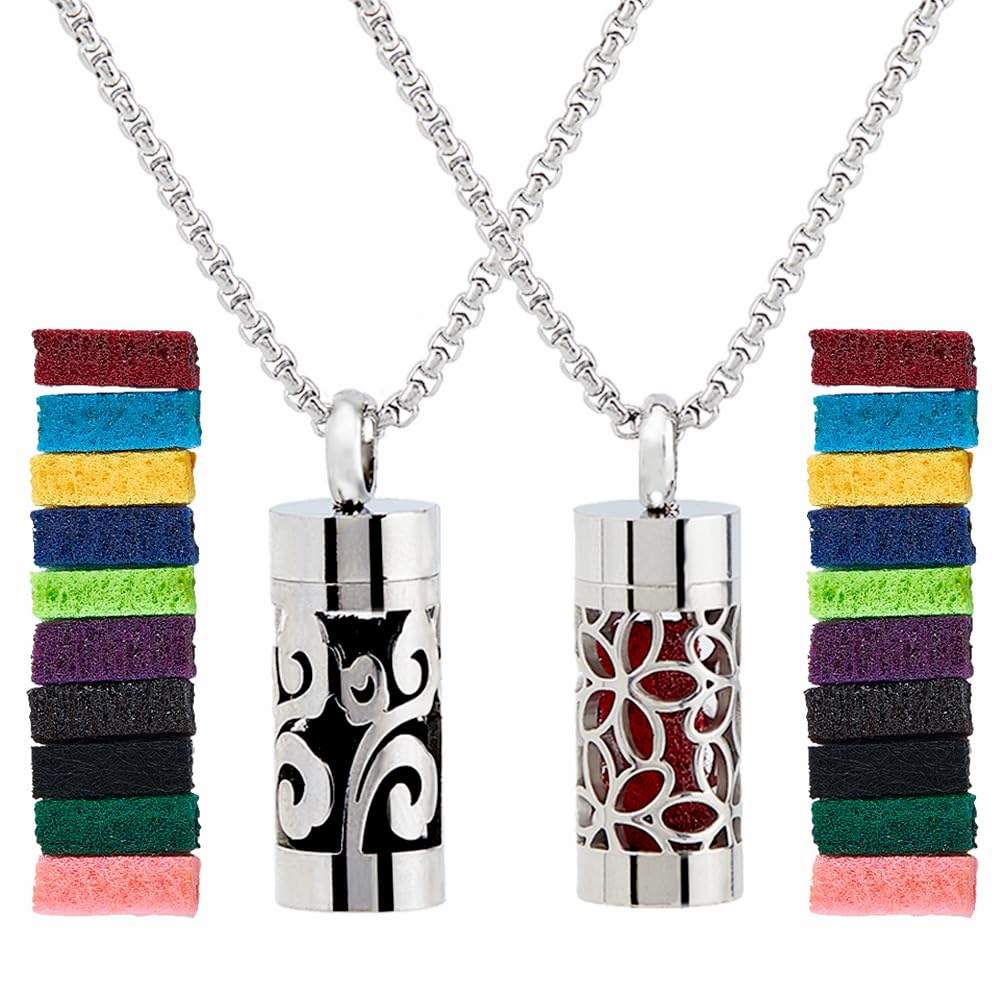 SUPERFINDINGS 2 Style Diffuser Oil Pendant Essential Oil Necklace Stainless Steel Perfume Diffuser Interchangeable Perfume Pads Aromatherapy Bottle Necklaces for Woman Men 70.5cm
