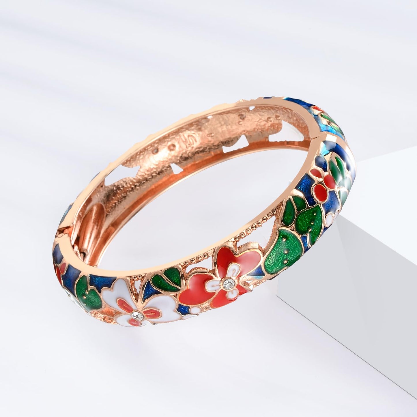 UJOY Vintage Cloisonne Jewelry Bracelet Plated Handmade Bead Rhinestones Enamel Spring Cuff Bangles 2 Pcs Set for Womens Gift 88A22-55A42 blue red