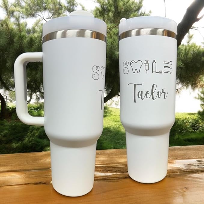Dental hyginiest tumbler 40oz tumbler Tooth tumbler Dental water bottle Gift for dentist Gift for dental hyginiest Office gift (White(3)-Smile(A23 personalized))