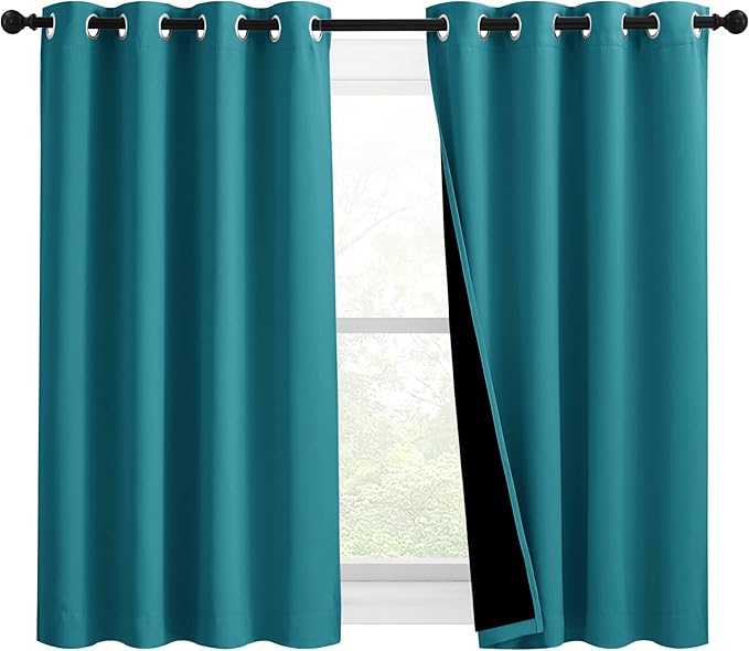 NICETOWN 100% Blackout Curtains 54 inches Long, Double-Deck Completely Blackout Window Treatment Thermal Insulated Lined Drapes for Small Window (Peacock Teal, 1 Pair, 46 inches Width Each Panel)