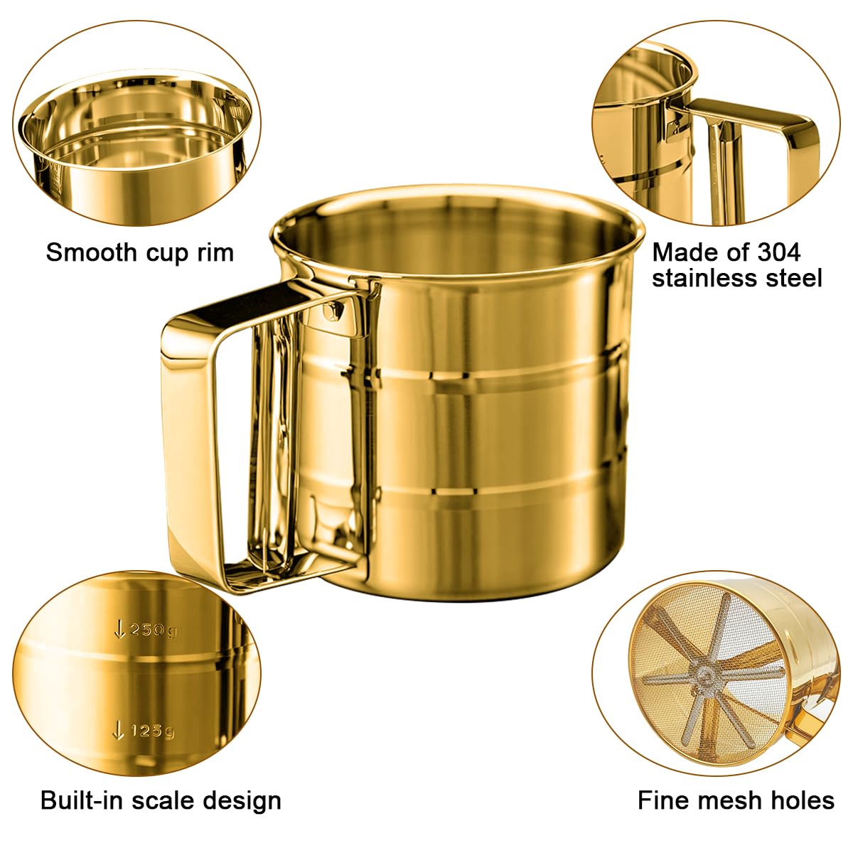 Gold Flour Sifter Baking Tool Set, findTop Stainless Steel 4-Piece Kit with 10" Whisk, Dough Scraper & 5 Measuring Spoons, Mirror Polished, Easy to Clean, for Cake Bread Cookie Prep