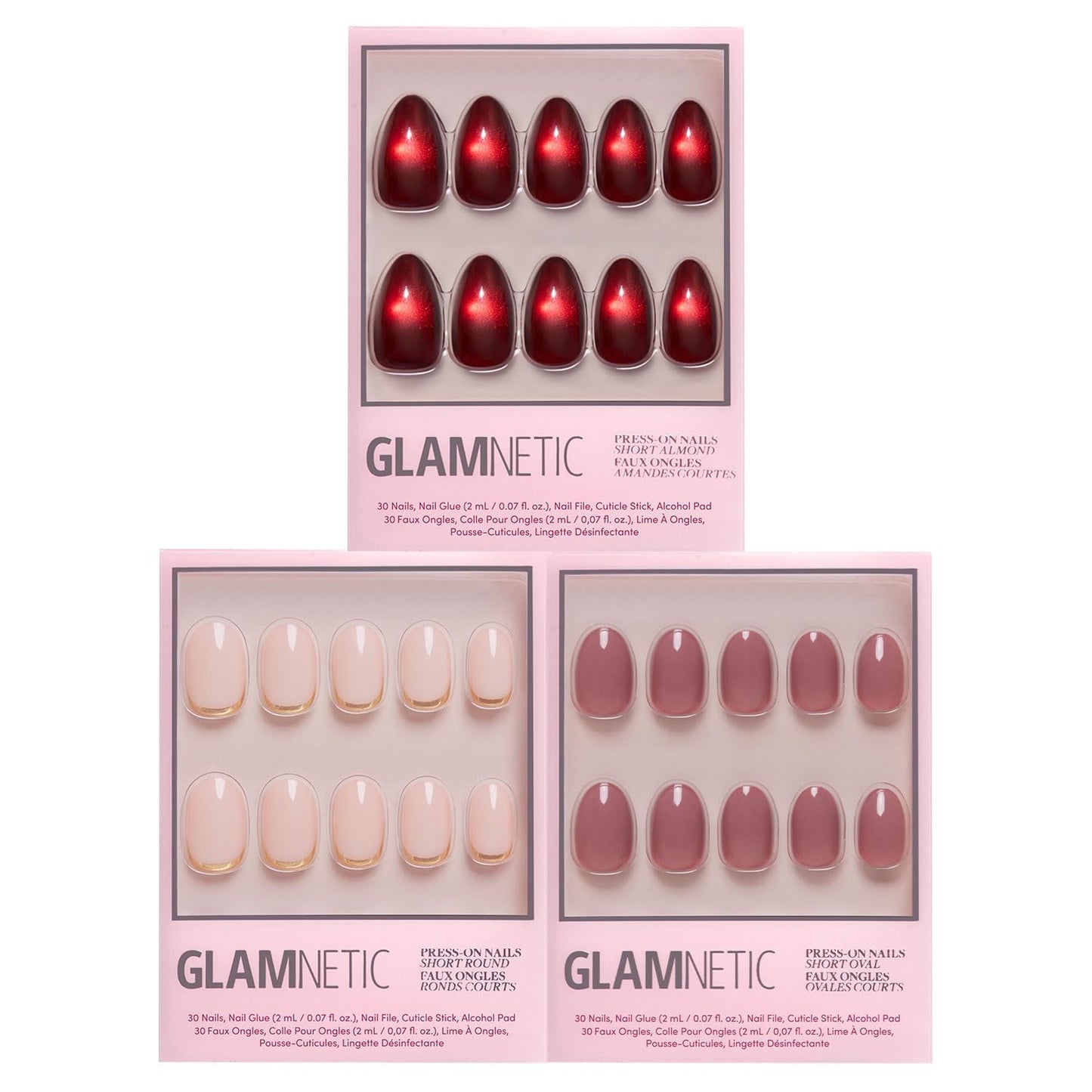 Glamnetic Press-On Nails Bundle - Cutie Pine, Fall Mauve & Caviar | Medium Almond Fake Nails in Deep Evergreen with a Pearl Chrome Finish | Muted Blush Mauve Short Oval False Nails | Short Almond Blac