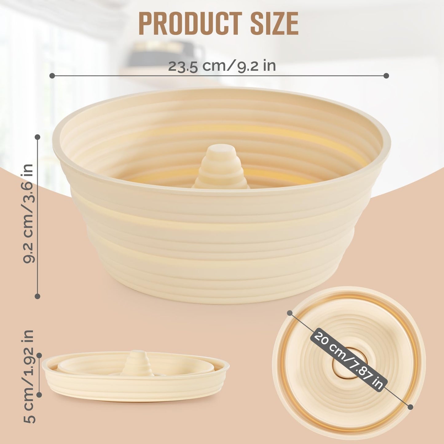 Silicone Bread Proofing Baskets, Collapsible Sourdough Baskets with Central Column, Non-Stick Round Dough Bowl, Oven & Dishwasher Safe (Beige, 9.2"L x 3.6"H)