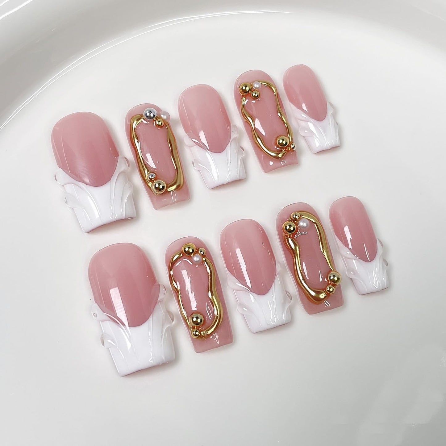 Handmade Press on Nails Square Shape Luxury Medium Hand Made Nails with 3D Pearl & Golden Embossed Design Full Cover White French Tip False Nail for Women (M)
