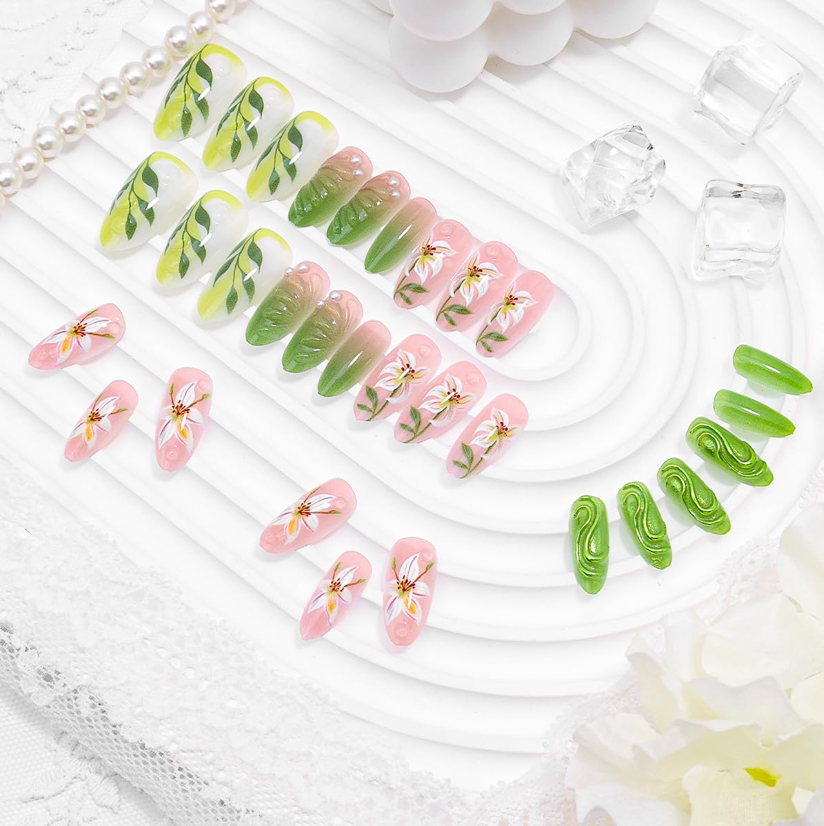 30Pcs Green Press on Nails Medium Almond Fake Nails with 3D Pearl Rhinestones Designs Spring Summer Acrylic Glue on Nails Lily Flower False Nails Gradient Green Full Cover Leaf Stick on Nail for Women