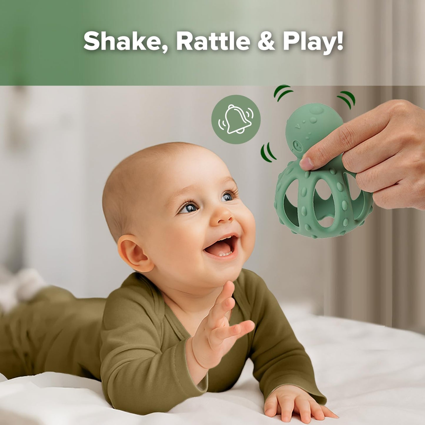 haakaa 2-in-1 Baby Teething Toy,Octopus Teether with Gentle Rattle,Soft Textured Teether for Sore Gums,Easy to Grasp Sensory Toy for Babies 3M+,Pea Green