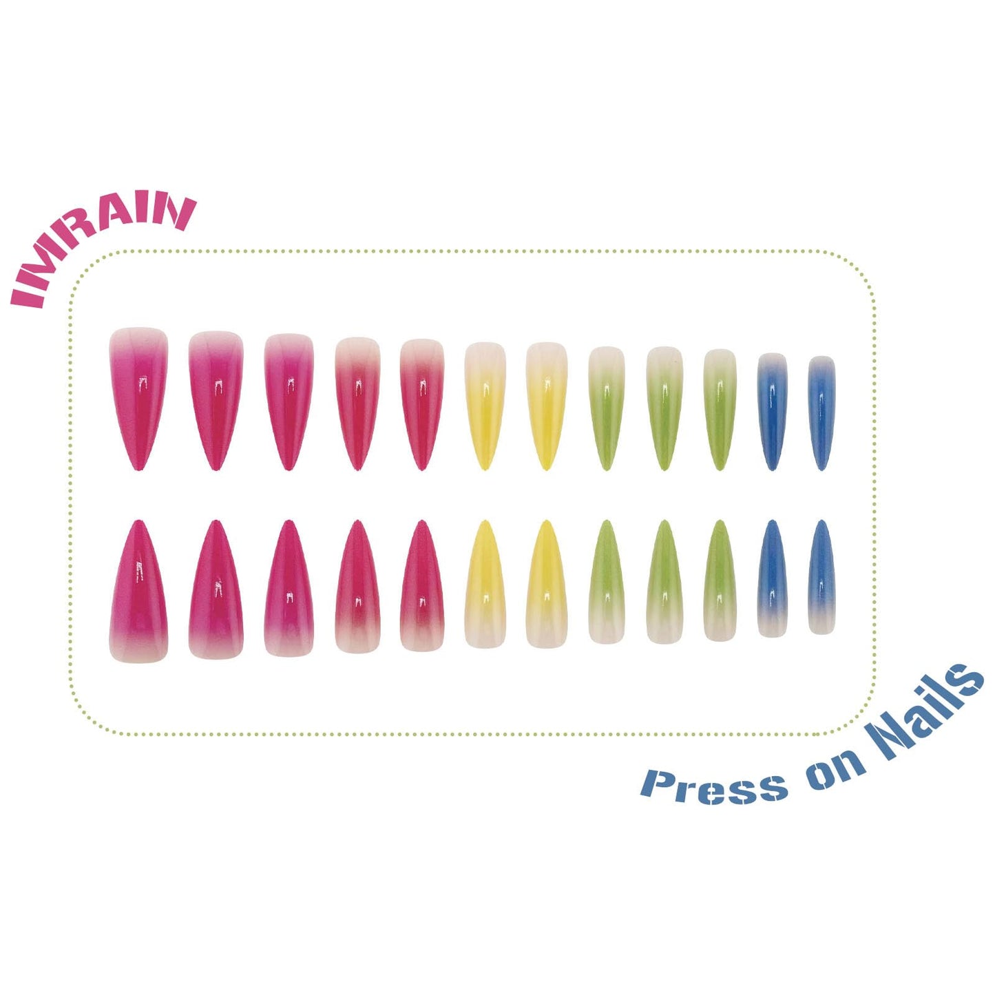 IMRAIN Colorful Ombre Press on Nails Long Stiletto Fake Nails Gradient Artificial False Nails Glossy Pink, Yellow, Green, Blue Acrylic Nails Full Cover Spring Stick on Nails