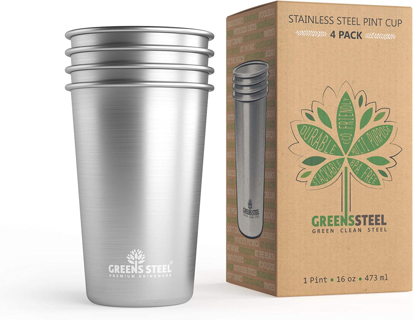 Greens Steel #1 Premium Stainless Steel Cup, 16 oz Pint Cups (4 Pack) Premium Metal Cups - Stackable Durable Cup