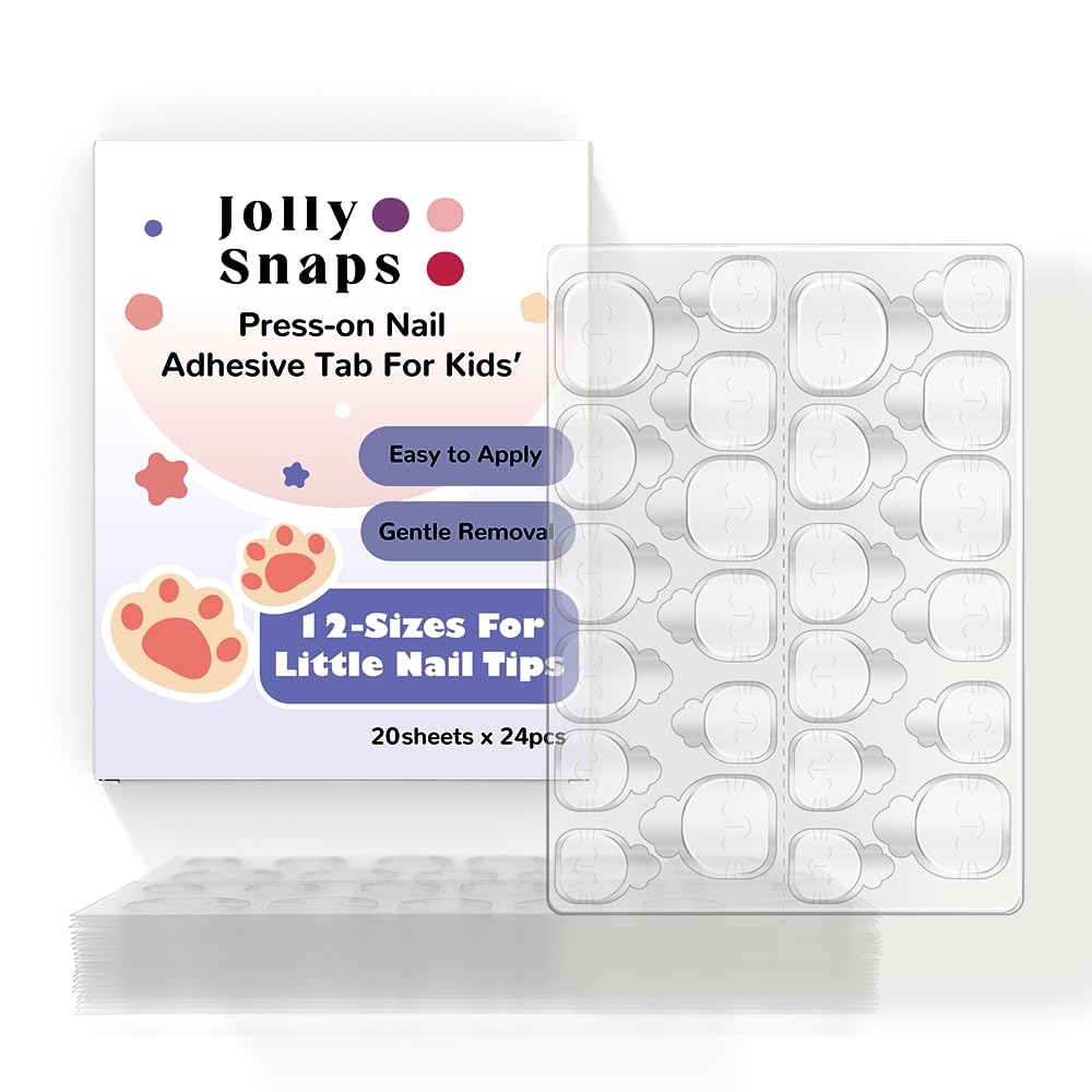 Jolly Snaps XS Non-Toxic Nail Adhesive Tabs for Kids | 480 PCS Extra Strong Sticky Tabs for Press On Nails | Ultra Thin & Easy to Use | 20 Sheets Nail Glue Tabs