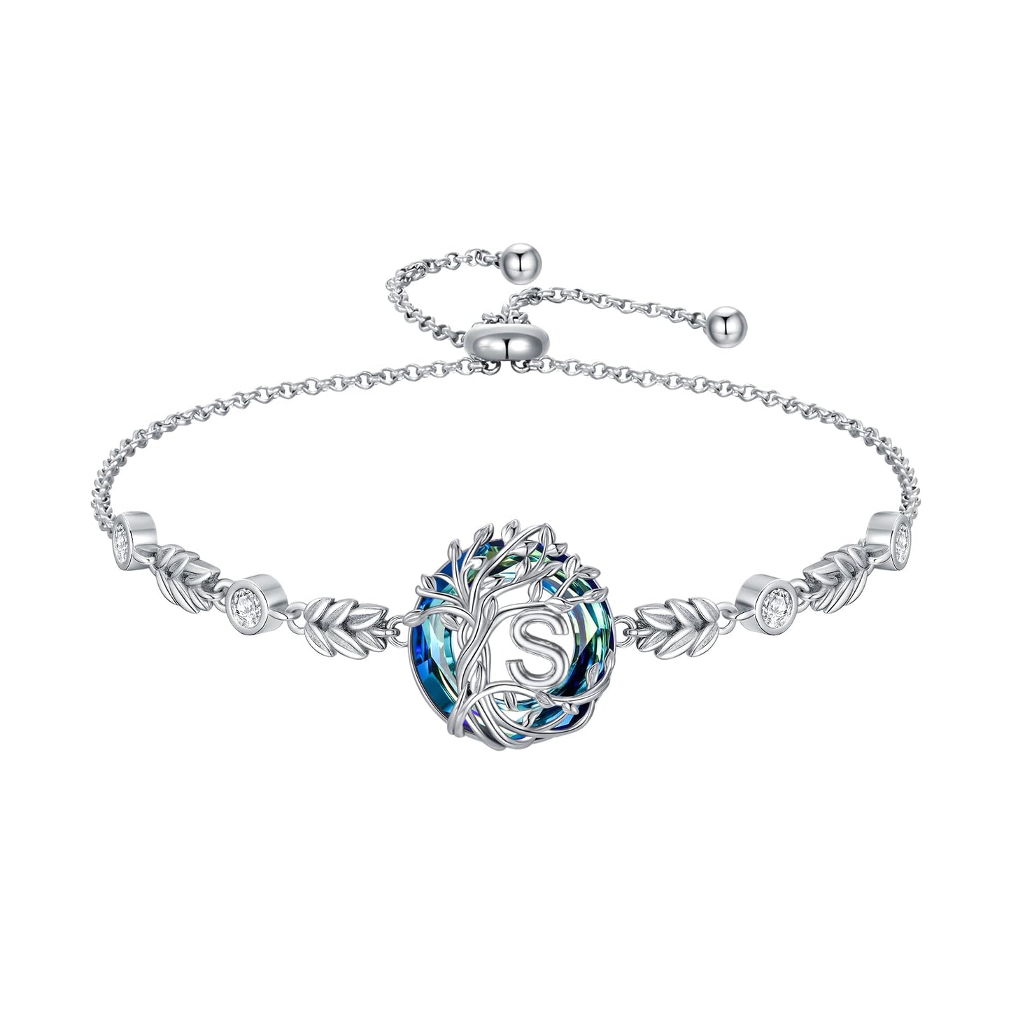 TOUPOP Tree of Life Initial Bracelet Sterling Silver Initials S Letter Link Bracelets Blue Circle Crystal Family Tree Birthday Mothers Day Jewelry Gifts for Women Mom Wife