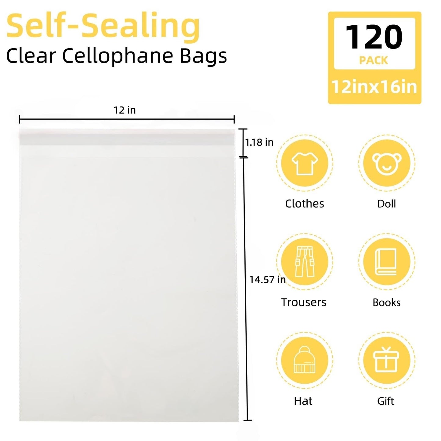 Large Self Sealing Cellophane Bags, 120 Count 12x16 Inches - Resealable Thick Clear Poly Bags for Sweatshirts, Jeans, Closet Organization, Retail Packaging & Business Storage