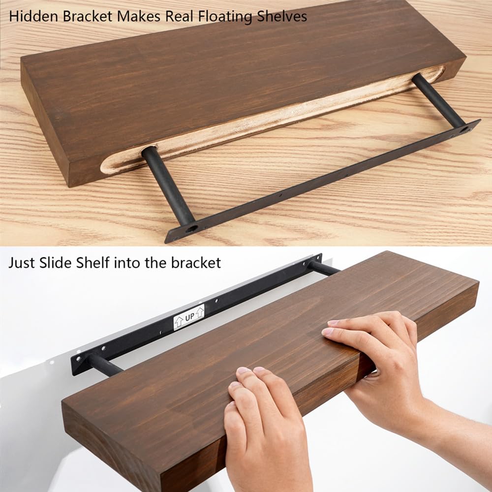 Zuiguoshan Wood Floating Shelves for Wall Set of 3, 22 Inch Rustic Floating Shelf Wall Mount, Solid Wooden Bathroom Floating Shelves for Kitchen, Bedroom, Living Room - Dark Walnut