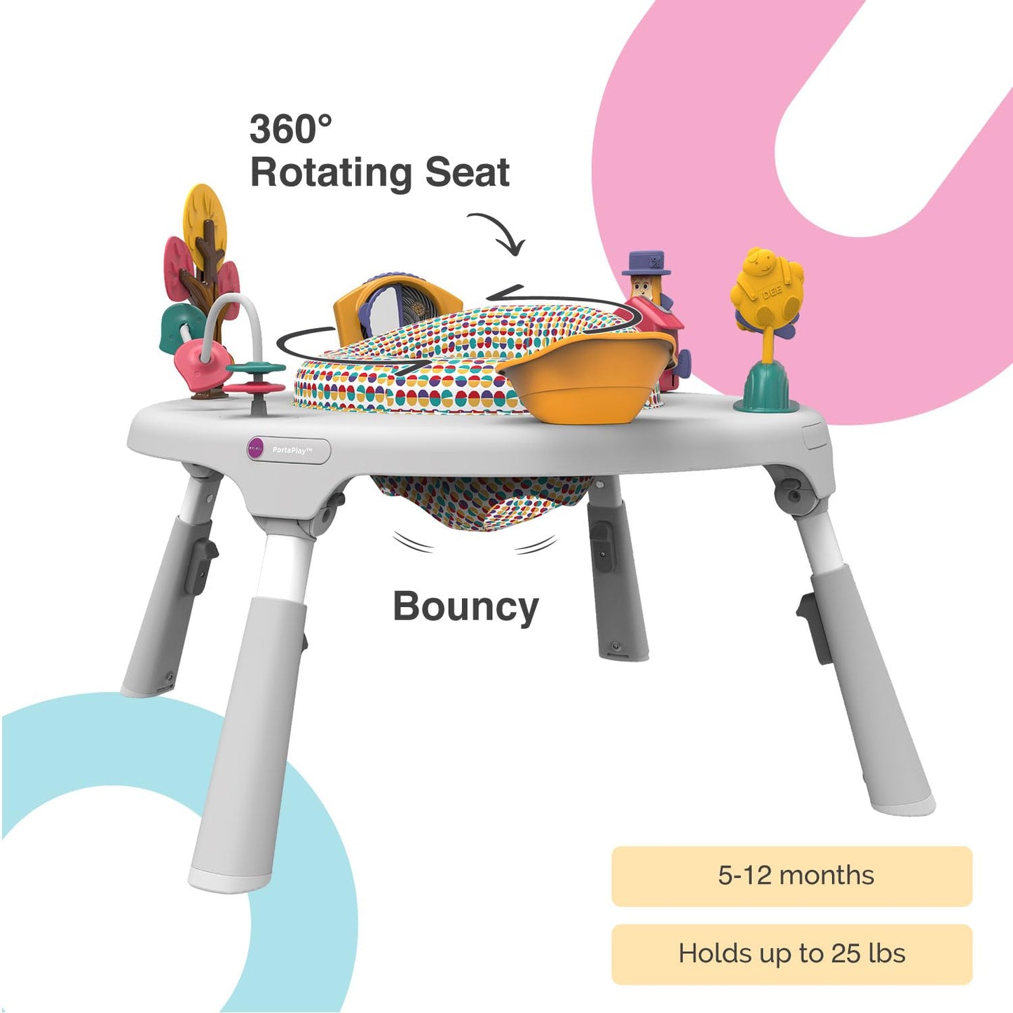 ORIBEL PortaPlay Convertible 3-in-1 Baby Activity Center & Play Table | Patented Bouncy Seat | Stable Foot Support | 5 Months+ | Development Focused Toys (Wonderland Adventure, Grey)