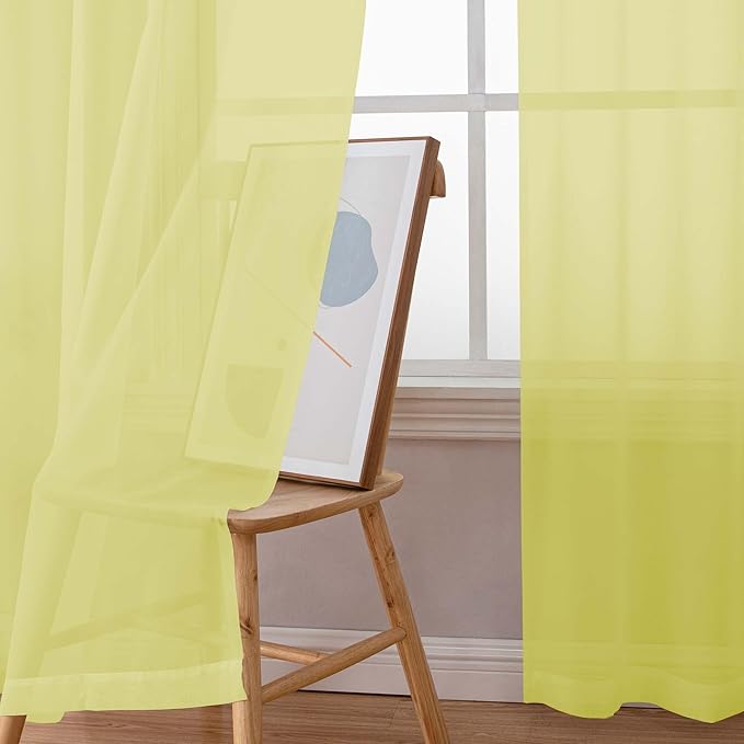 Simplebrand Lemon Short Sheer Curtains 45 Inch Length for Small Windows, Rod Pocket 2 Panels Set Solid Voile Drapes Window Sheer Curtains for Bedroom Bathroom Kids Room Kitchen, 42x45 Inch, Lemon