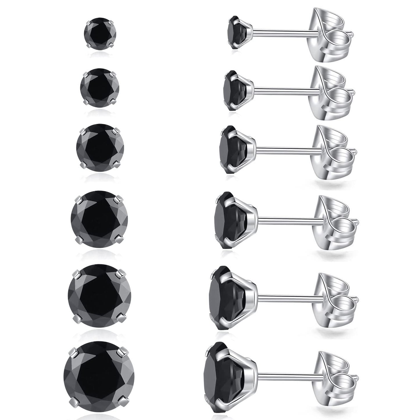 6 Pairs Stud Earrings Set, Hypoallergenic Cubic Zirconia Earrings 316L Stainless Steel CZ Earrings 3-8mm (Black CZ)