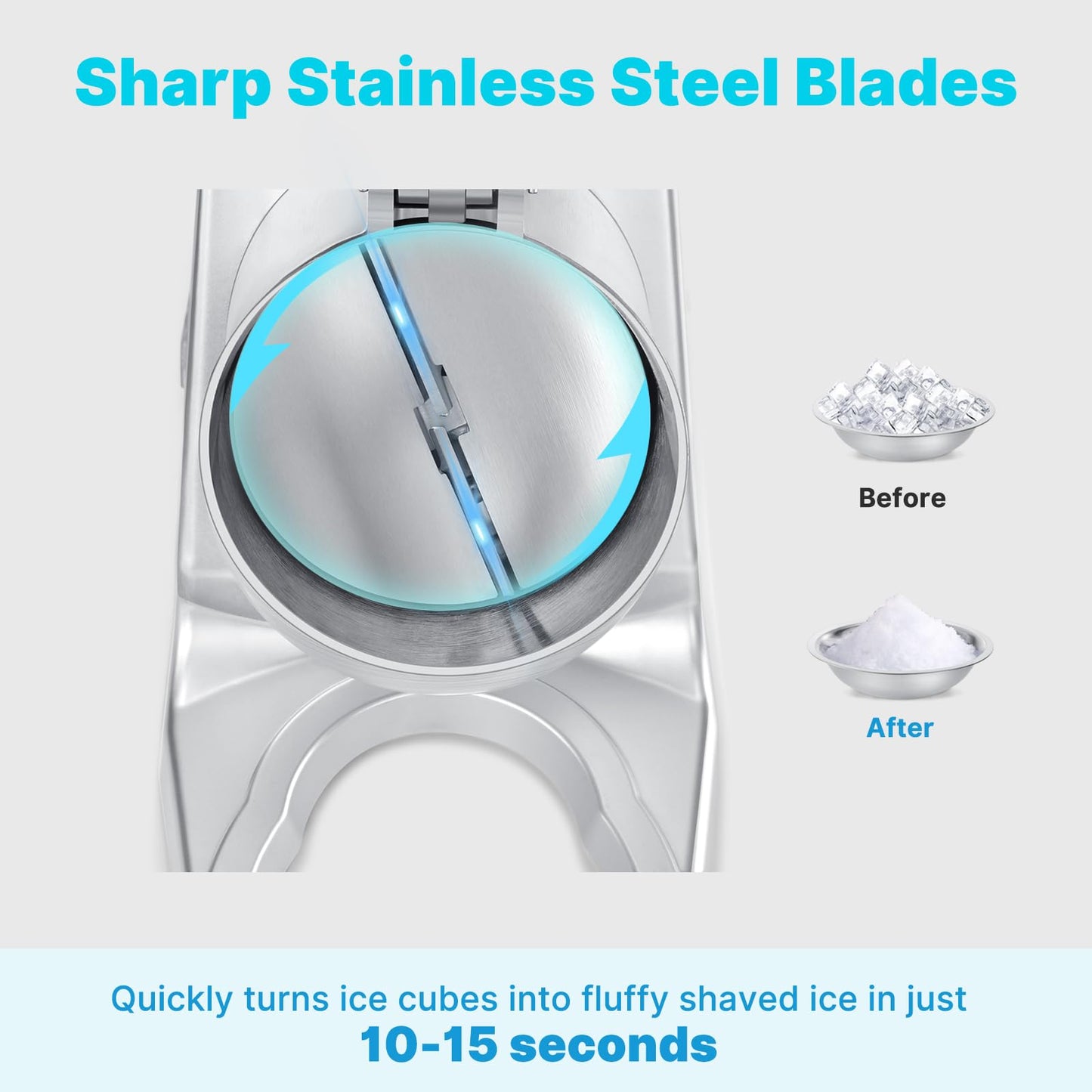 Hurmovae 178Ibs/h Cordless Portable Ice Shaver Machine with Dual Blade, Dual Batteries &Ice Pick, 180W Battery Powered Ice Cusher Machine for Home Use &Outdoor (Backyard & Patio), Extra Blades, Silver
