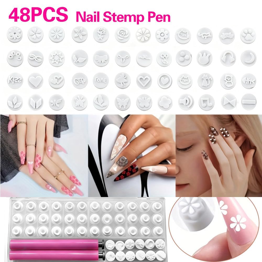 48 Pcs Nail Stamp Pen Set, Nail Art Pens, Quick Nail Art Tools with Different Patterns, Flower Butterfly Rose DIY Nail Stamping Pen Kit, Nail Design Tools for Women