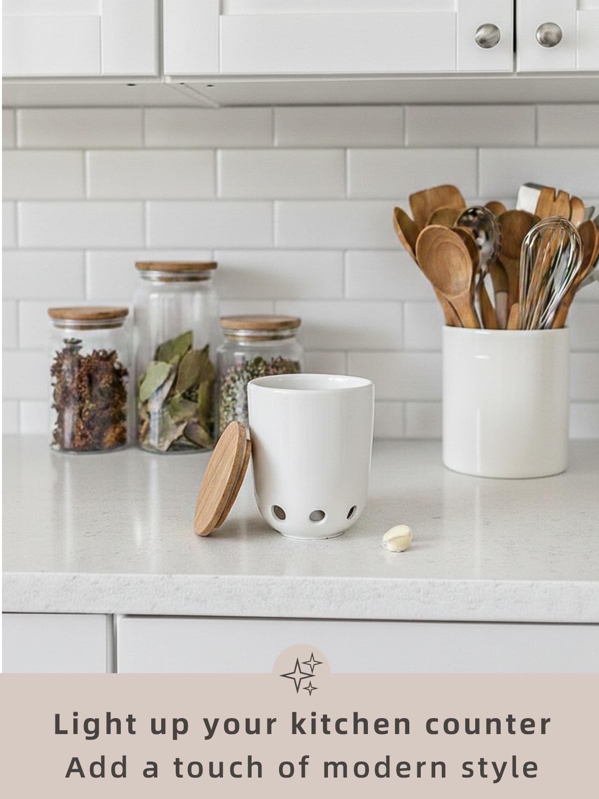 LEETOYI Ceramic Garlic Keeper for Counter, Garlic Holder with Wood Lid, Garlic Container for Kitchen, Garlic Saver to Keep Your Garlic Cloves Fresh Longer (White)