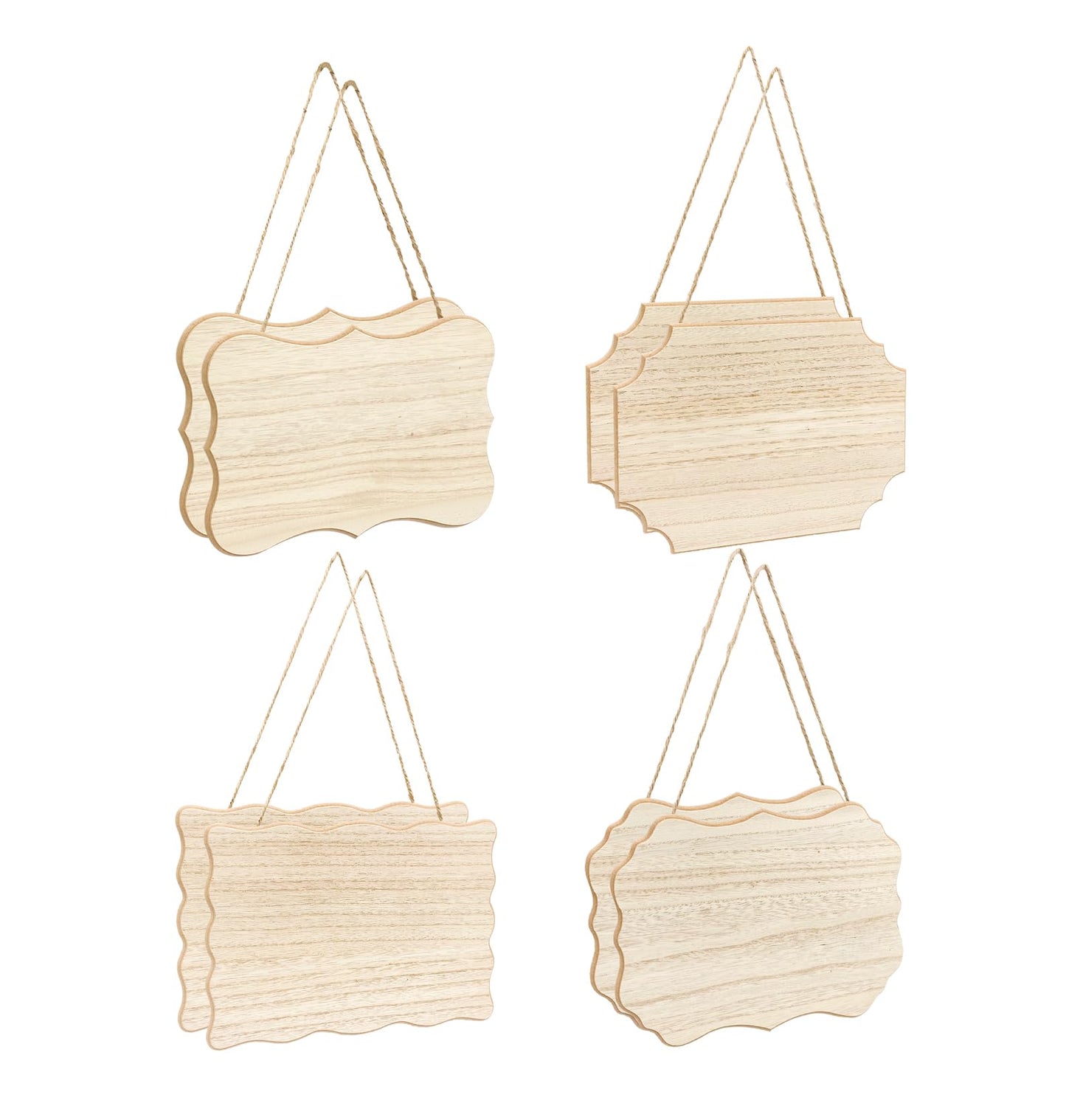 8 Pack Unfinished Wood Signs with Jute Hanging Unpainted Wooden Plaques for Homemade Crafts 4 Styles Assorted (6 x 9 in)