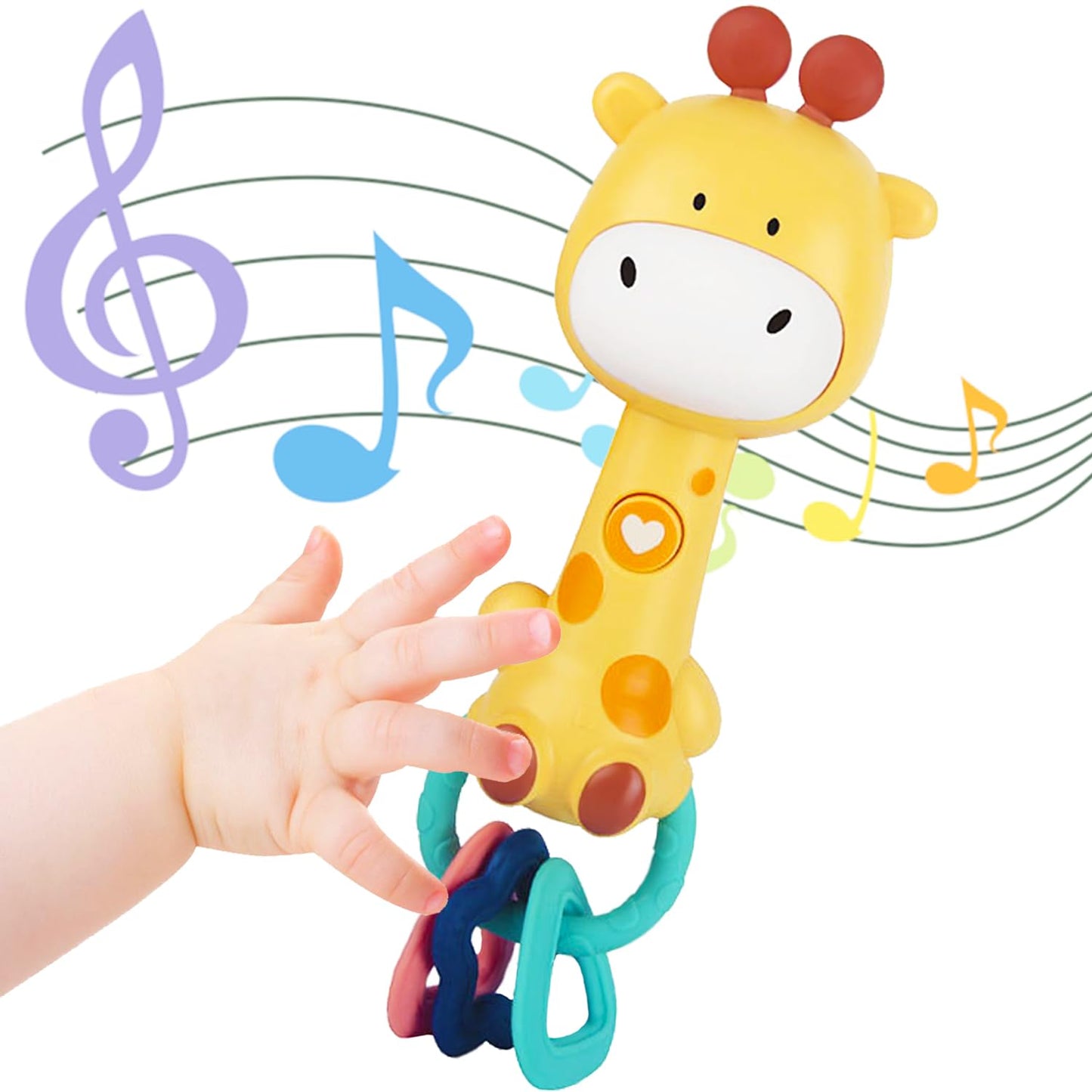 WHNKFB Bright Yellow Giraffe Baby Musical Rattle Toy - Light-Up Teether & Sensory Chew, BPA-Free Soft Rubber, Baby Shower & 1st Birthday Gift for 6-18 Months 1+ Year Old