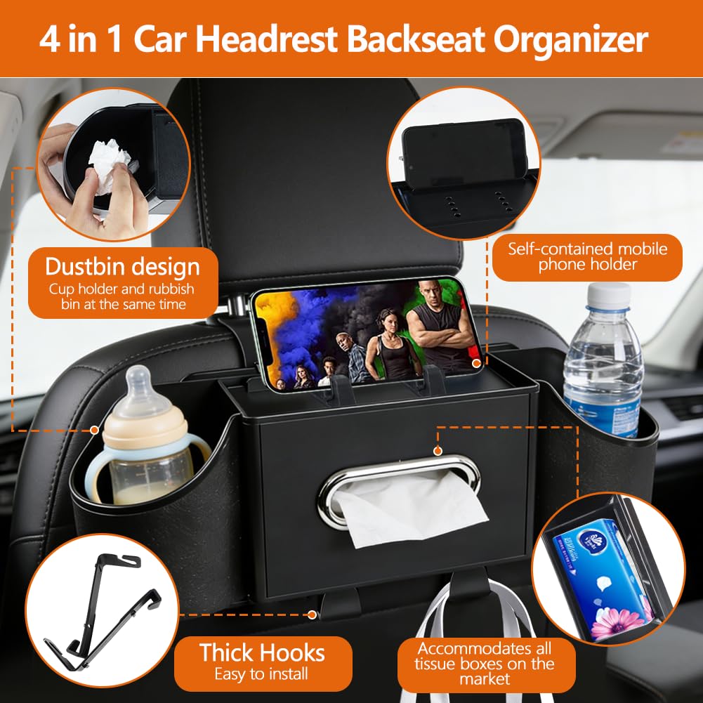 SEILETOO Back Seat Car Organizer with Car Seat Storage Hanging Bag, 4 in 1 Multifunctional Car Seat Back Storage Box, Car Organizer Back Seat with Tray, Hold Phone,Snacks, Drinks, Handbag
