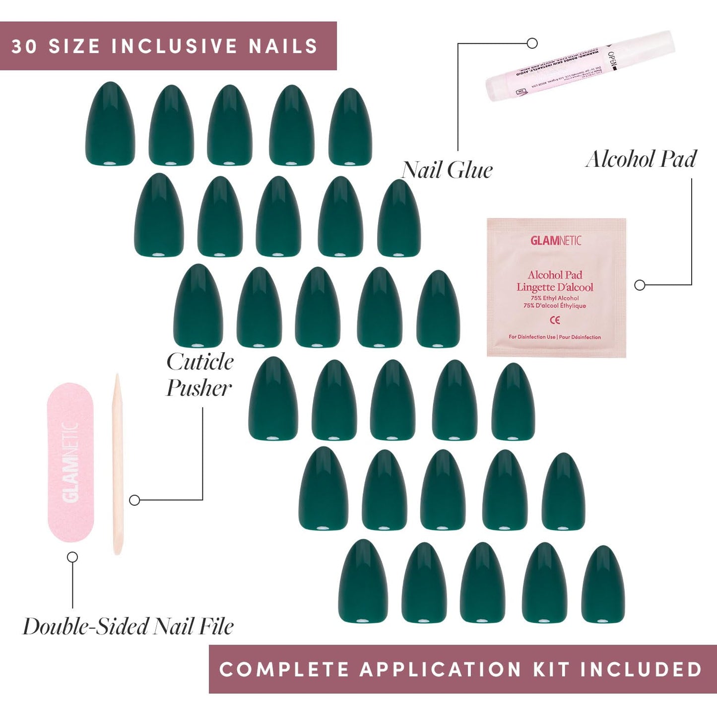 Glamnetic Press-On Nails Bundle - Emerarld Green & Boba | Opaque Deep Green Almond False Nails | Opaque Black Almond Fake Nails | Reusable, Salon-Quality Nail Kits